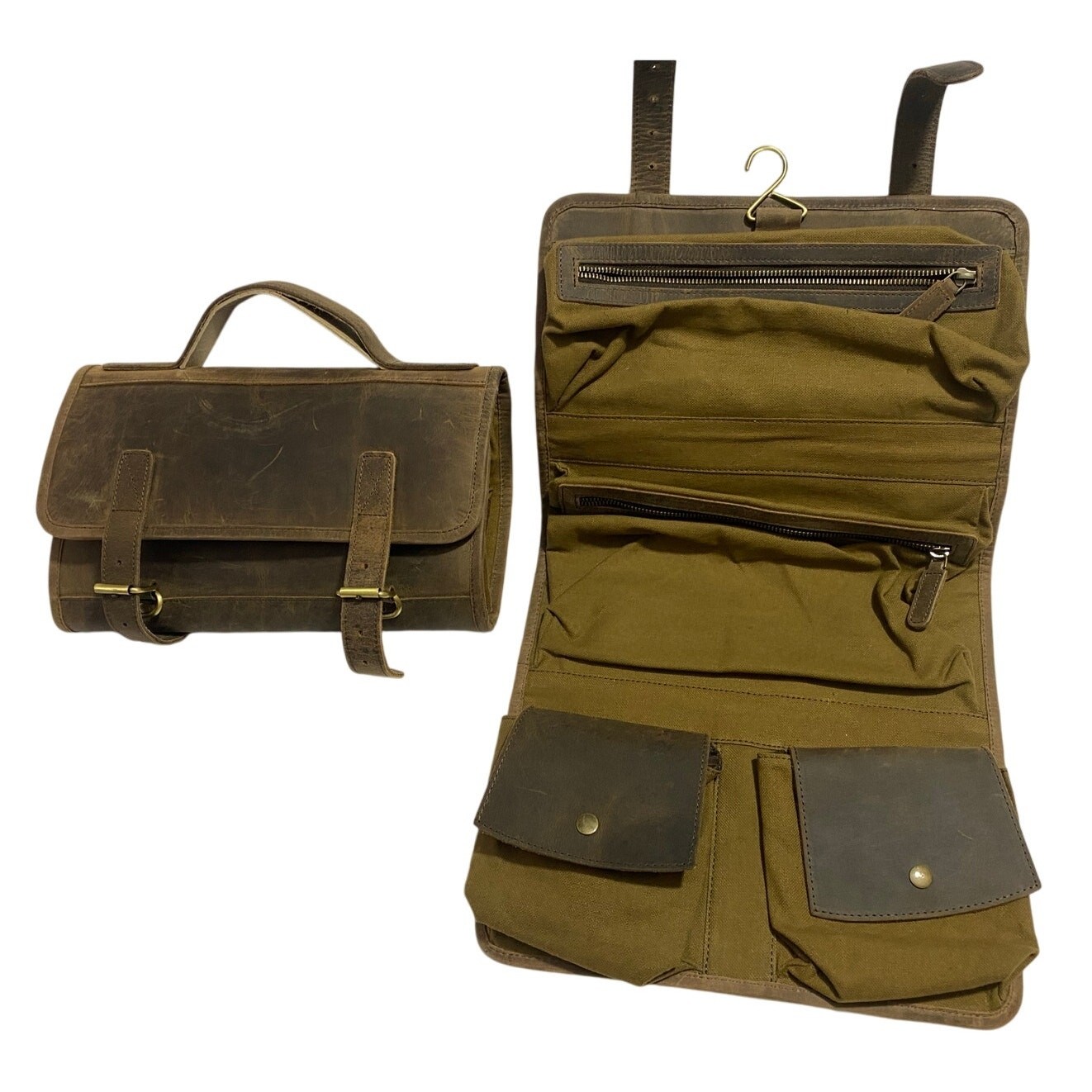 KomalC Genuine Buffalo Leather Hanging Toiletry Bag
