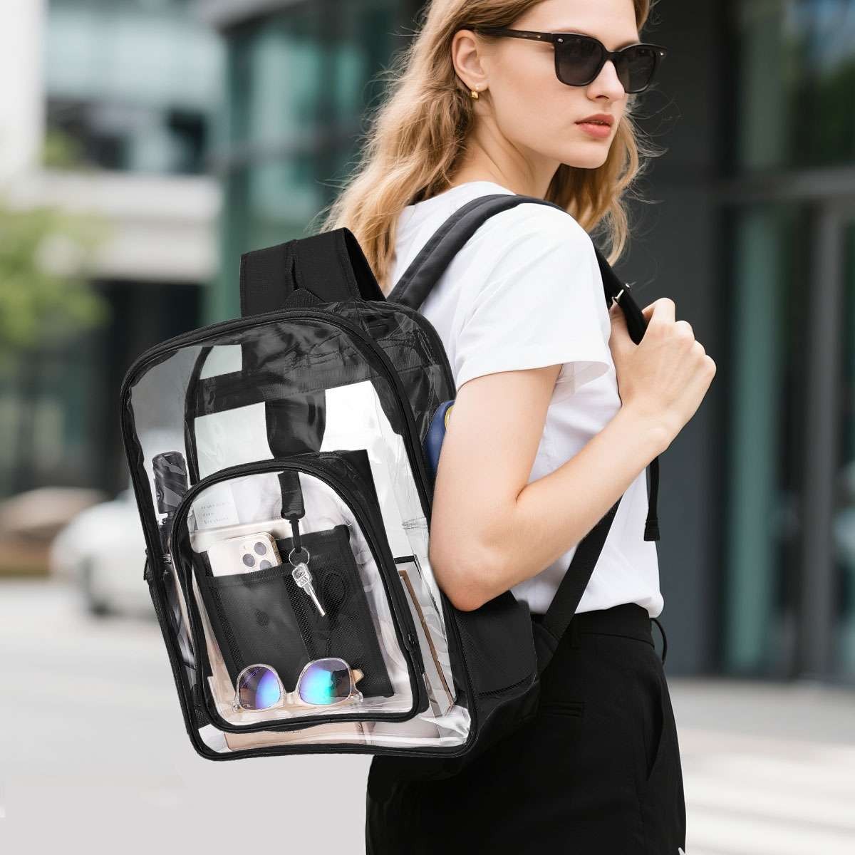 Extra Heavy Duty Clear Backpack Transparent Bookbag Back to School (Black, Grey)