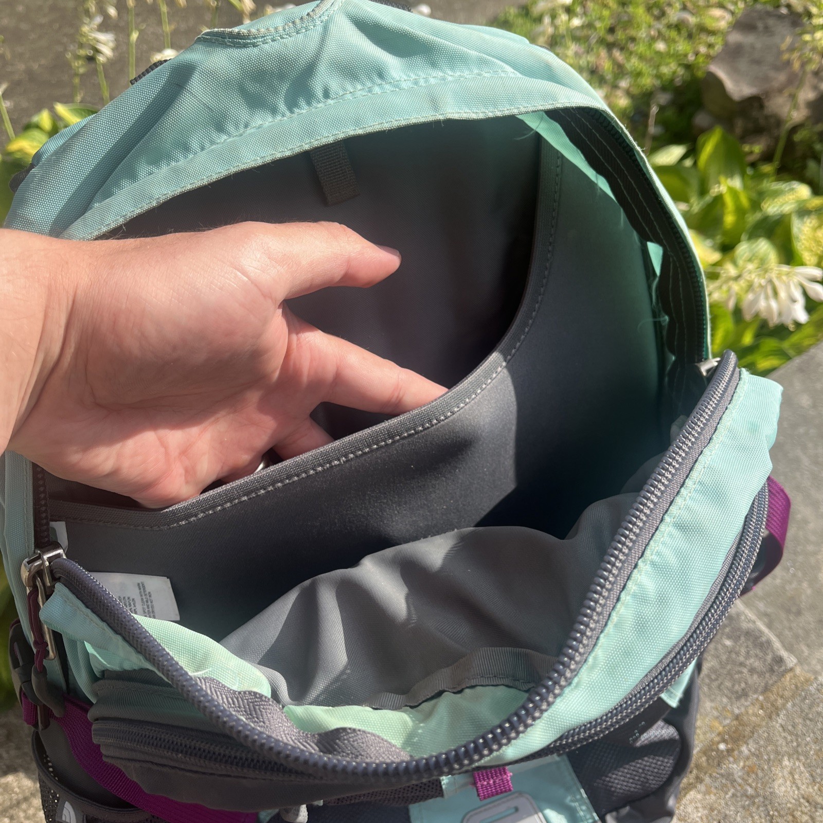 The North Face Recon Backpack School Work Hiking Padded Teal Gray Purple Straps