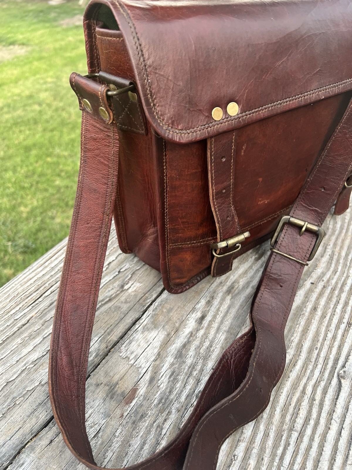 Vintage Leather Messenger Bag Briefcase Laptop Fabric Interior 13″x 10″x 4″