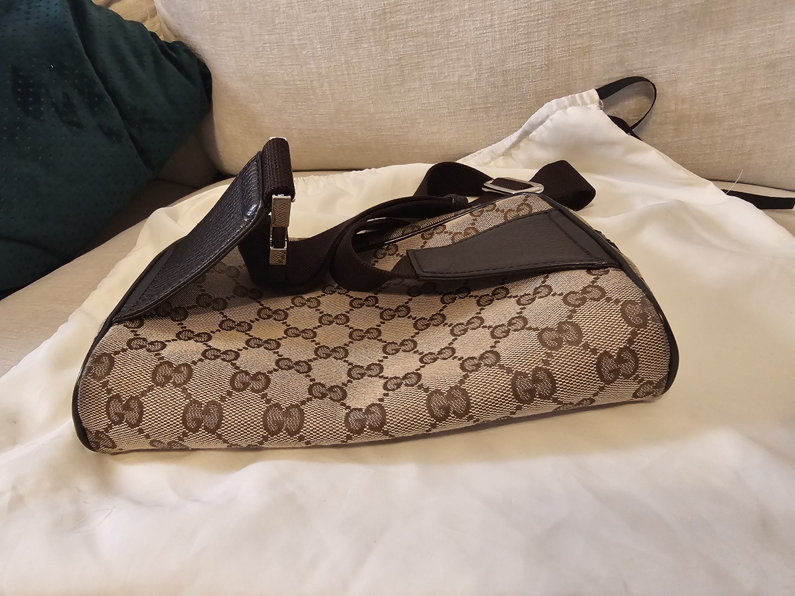 Gucci GG Monogram Crossbody Bag Zip Closure Adjustable Strap Beige Brown