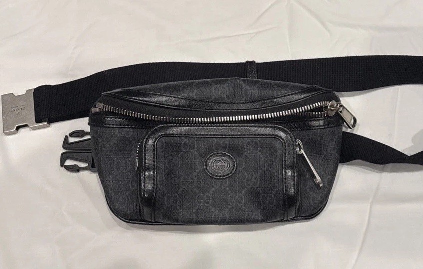 Gucci GG Monogram Logo Interlocking G Canvas Crossbody Belt Bag Black 682933