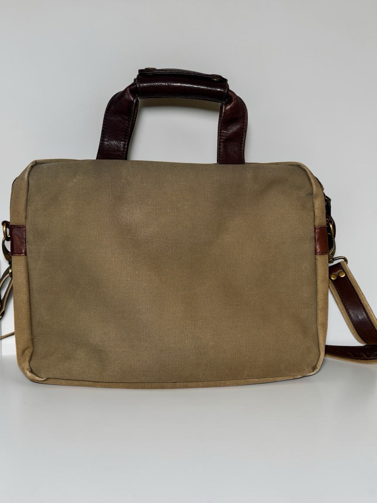 Bosca Leather & Canvas Messenger Bag Briefcase Tan & Brown Attache Laptop Work
