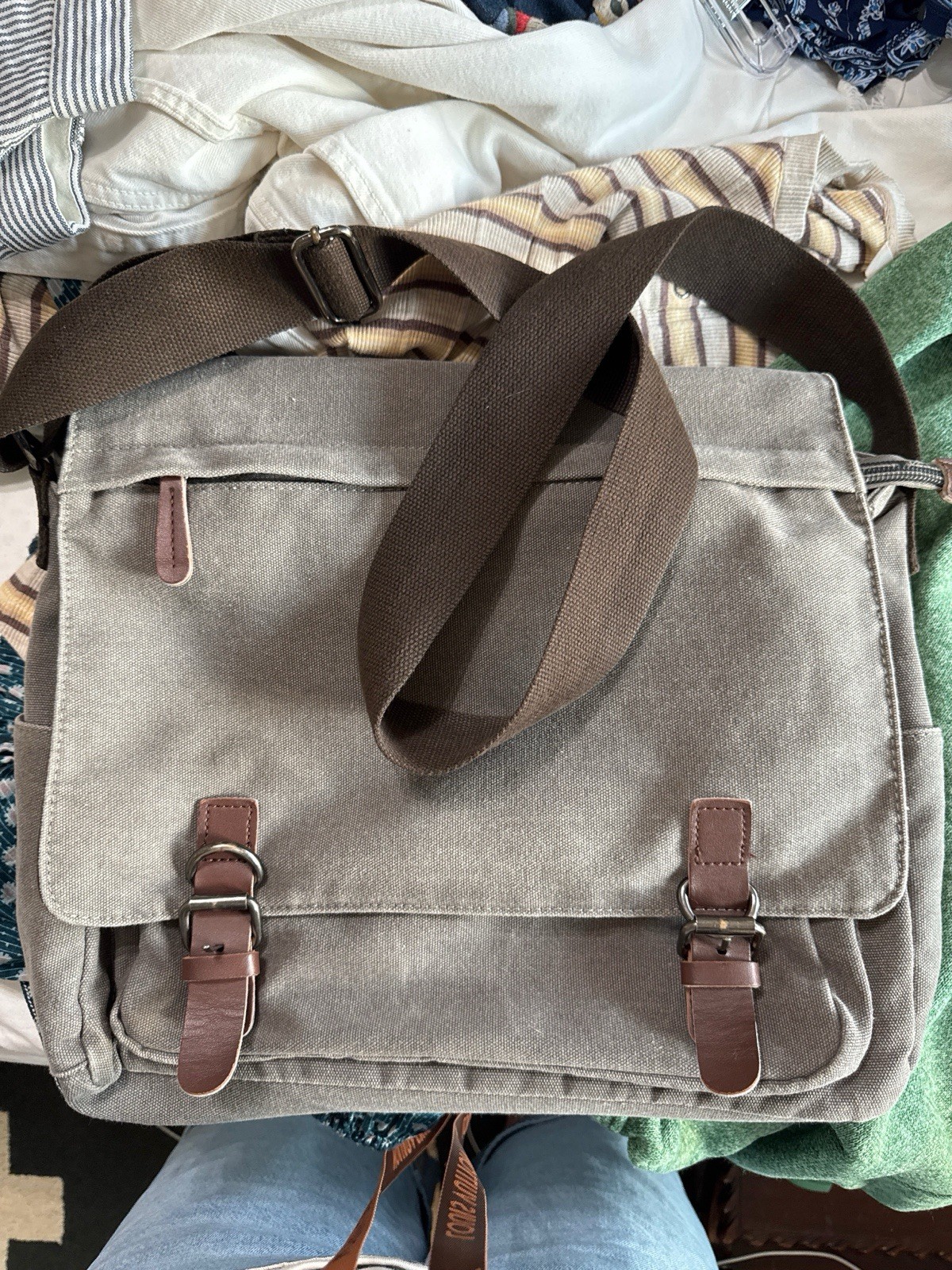 Vintage Sturdy Brown Heavy Canvas & Leather Messenger Bag-No Brand