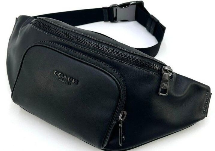 COACH Black Leather Waist Bag Mens Zip Body Belt Bag Casual Everyday Use