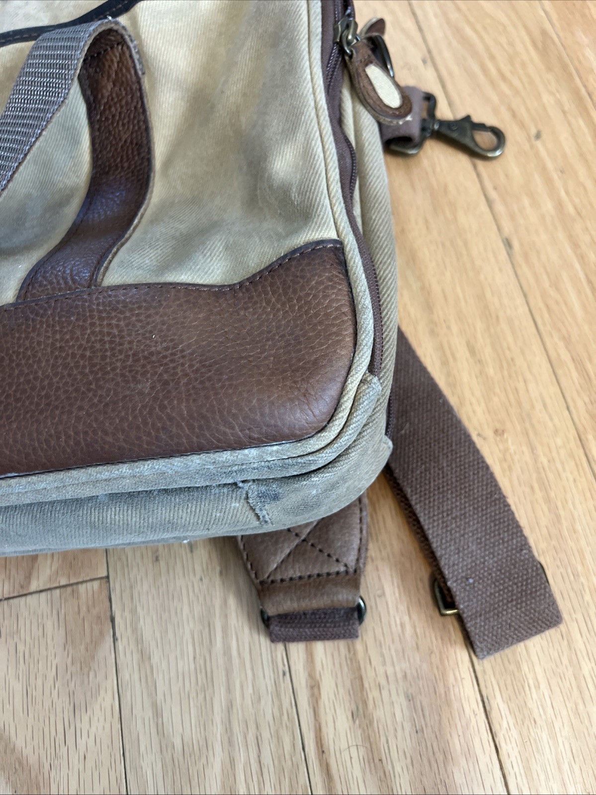 LL Bean Canvas Messenger Crossbody Bag Push Lock Leather Trim Tan Brown