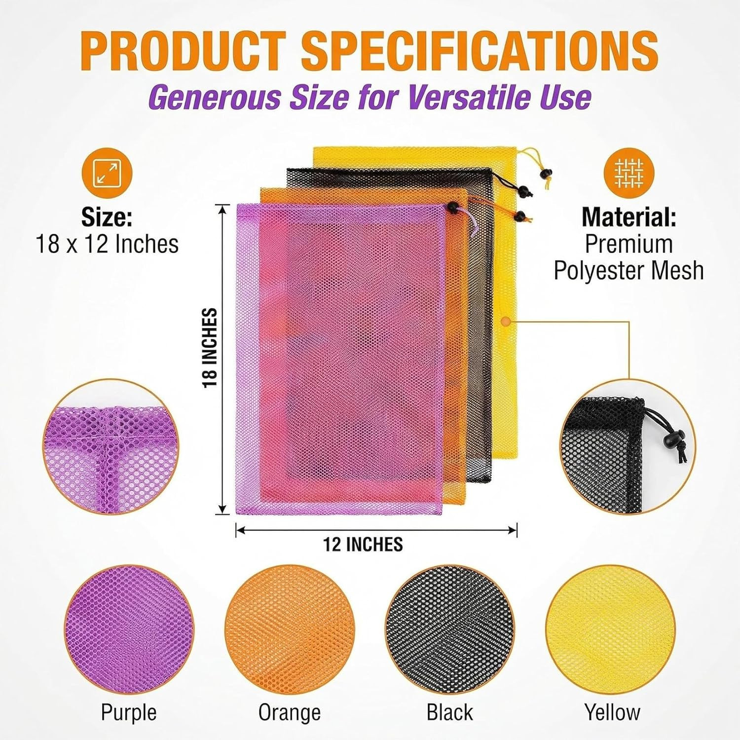 7PCS Colorful Mesh Drawstring Bag – Mesh Bag 18X12 Inch Breathable Nylon Mesh St