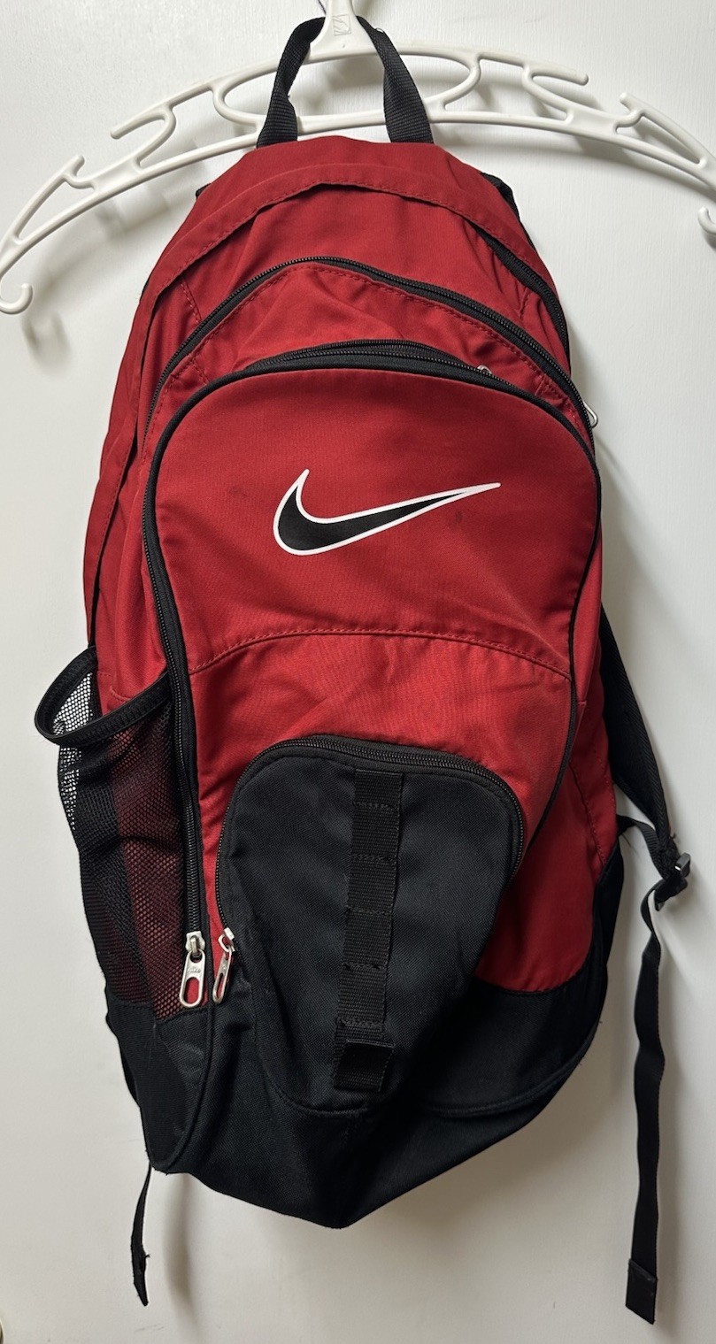 Nike Mesh Backpack Black Red Sports Training school Bag Swoosh Multi zip pockets