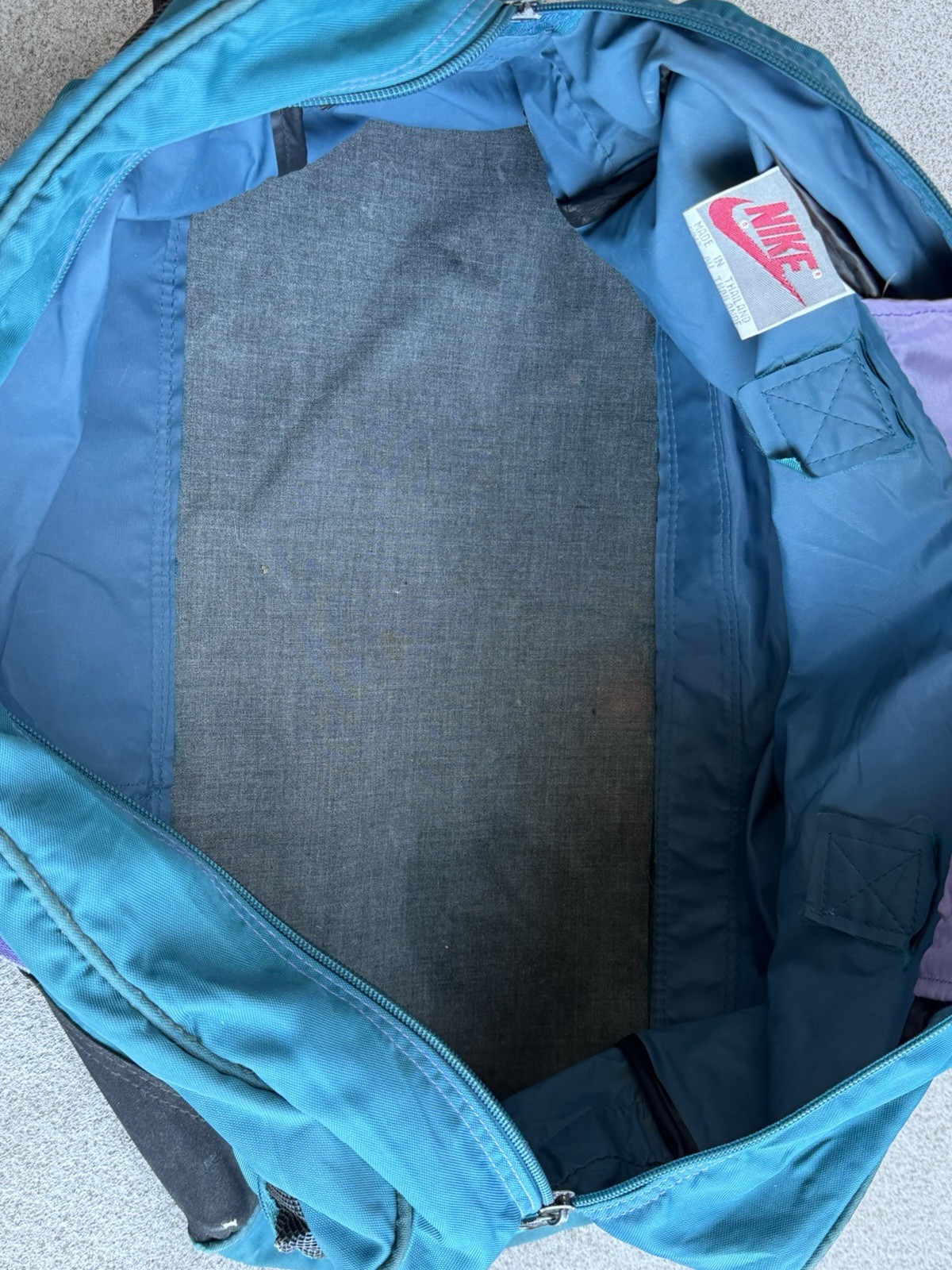 Vintage 80s Nike Duffle Bag Shoulder Strap Teal Purple Gym