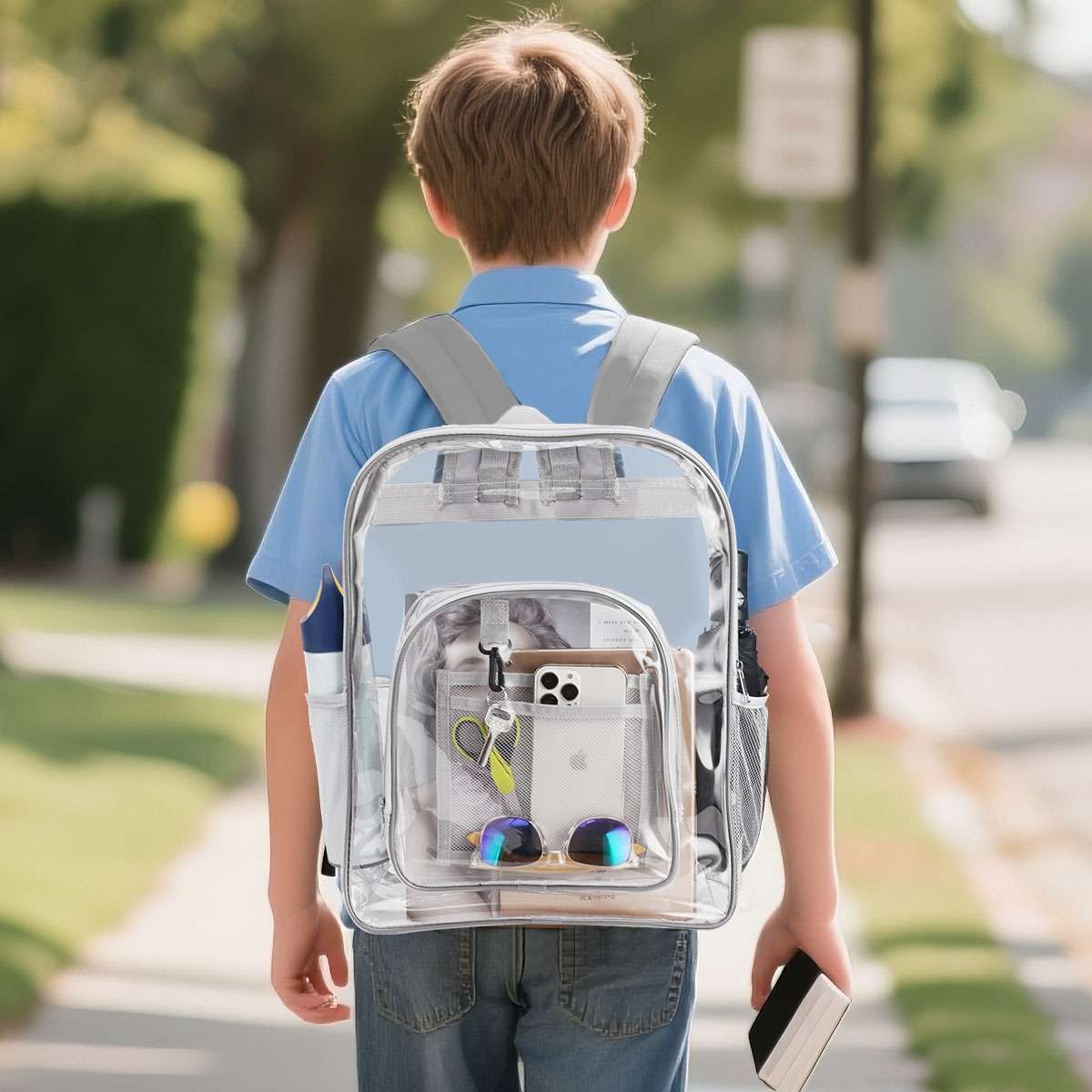 Extra Heavy Duty Clear Backpack Transparent Bookbag Back to School (Black, Grey)