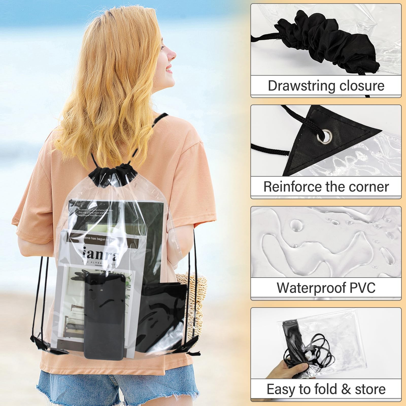 2 PCS Black 13×16 Inch Clear Drawstring Backpacks Waterproof PVC Stadium