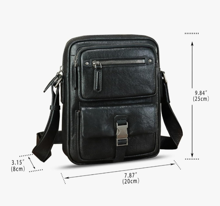 Genuine Leather Messenger Bag for Men Multi-Pocket Crossbody Shoulder Bag Black