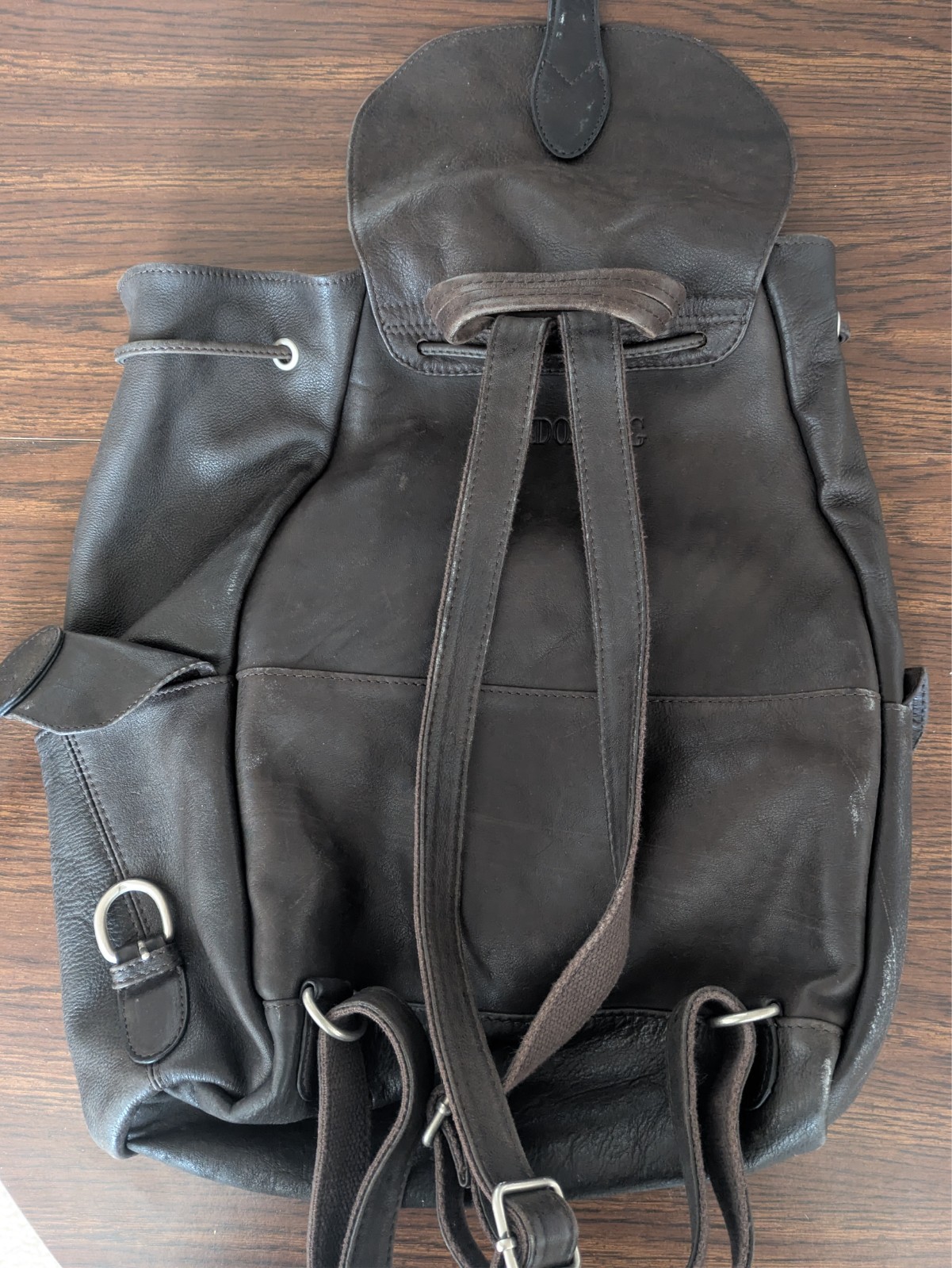 London Fog Leather Backpack Brown Drawstring Flap Buckle Pockets Travel Bag EU