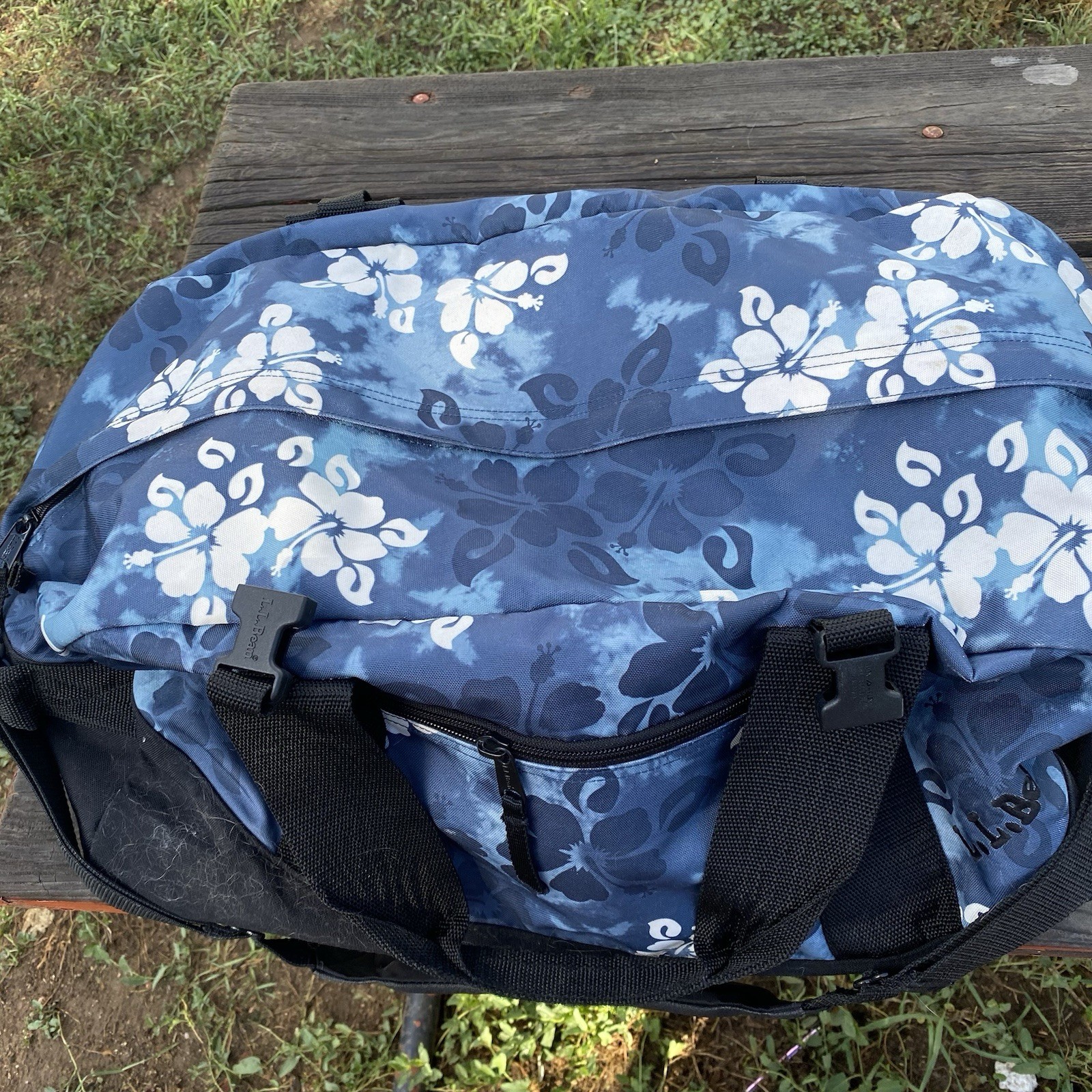 LL Bean Blue White Hibiscus Print Medium 35L Adventure Duffle Carry On Bag EUC