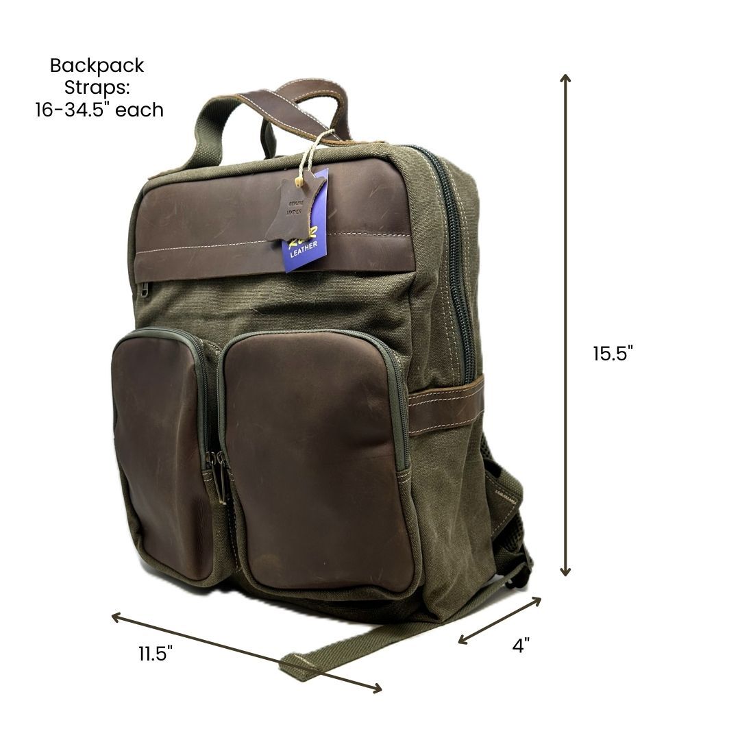 R&R Leather and Canvas Laptop Backpack Bag – Olive Green