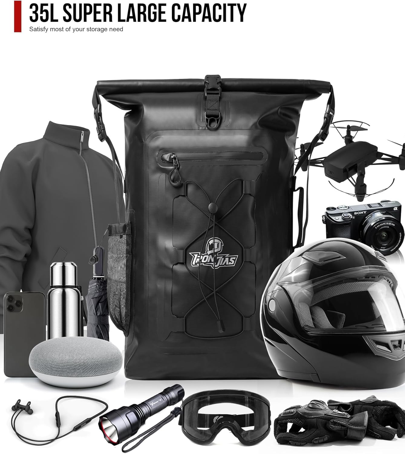 Waterproof Motorcycle Sissy Bar Bag 35L Tail Bag Travel Duffle Backpack Black