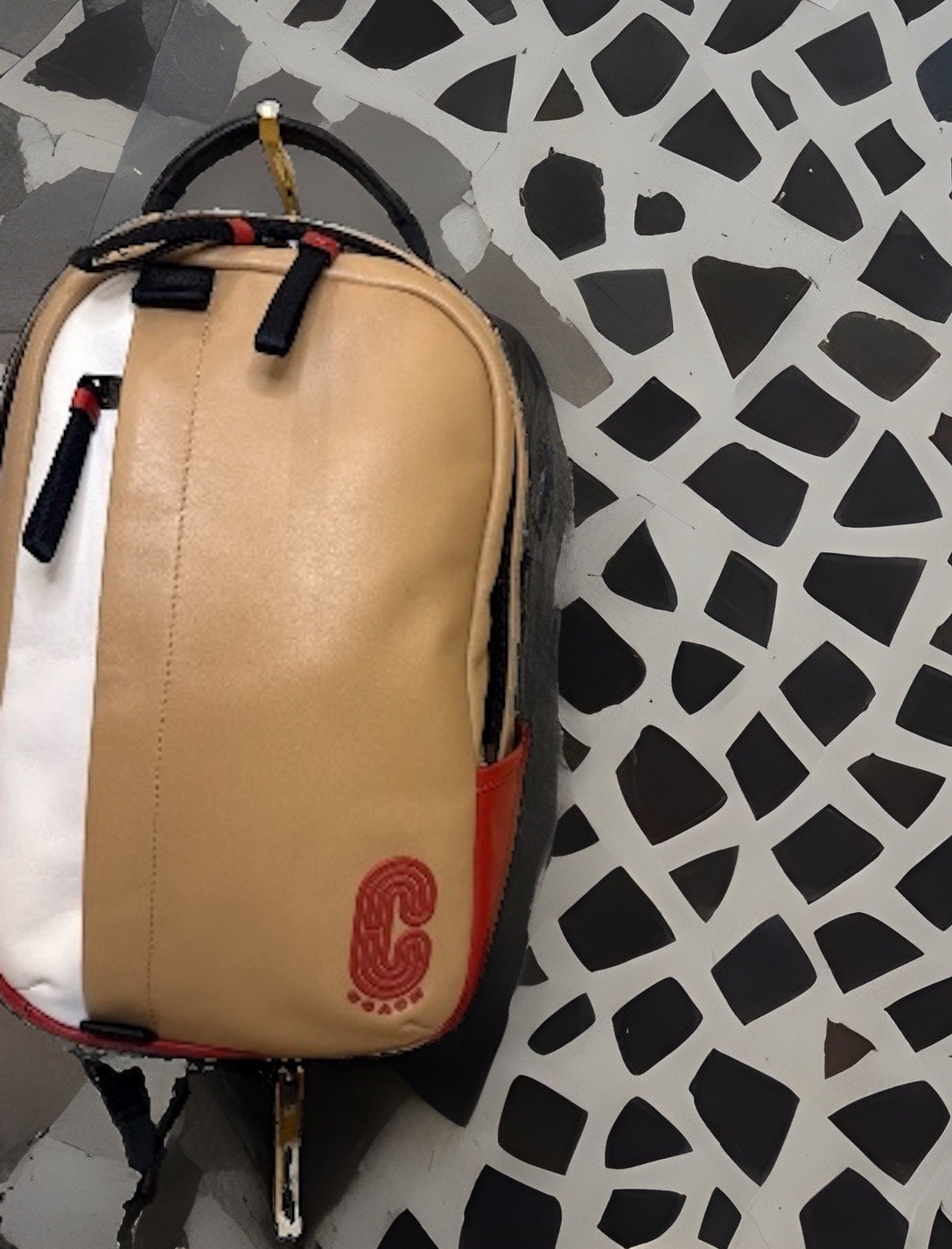 Coach Leather Racer Sling Pack – Unique Tan/Red/White ColorBlock Edition ~MC~
