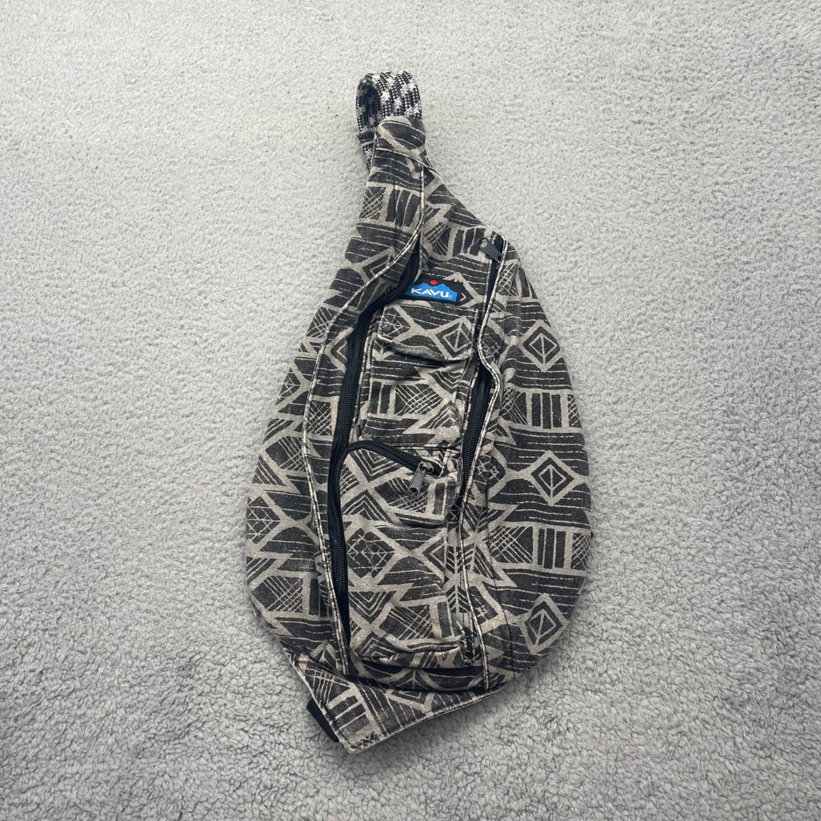 Kavu Rope Bag Gray Black Geometric Tribal Canvas Sling Backpack Unisex Crossbody