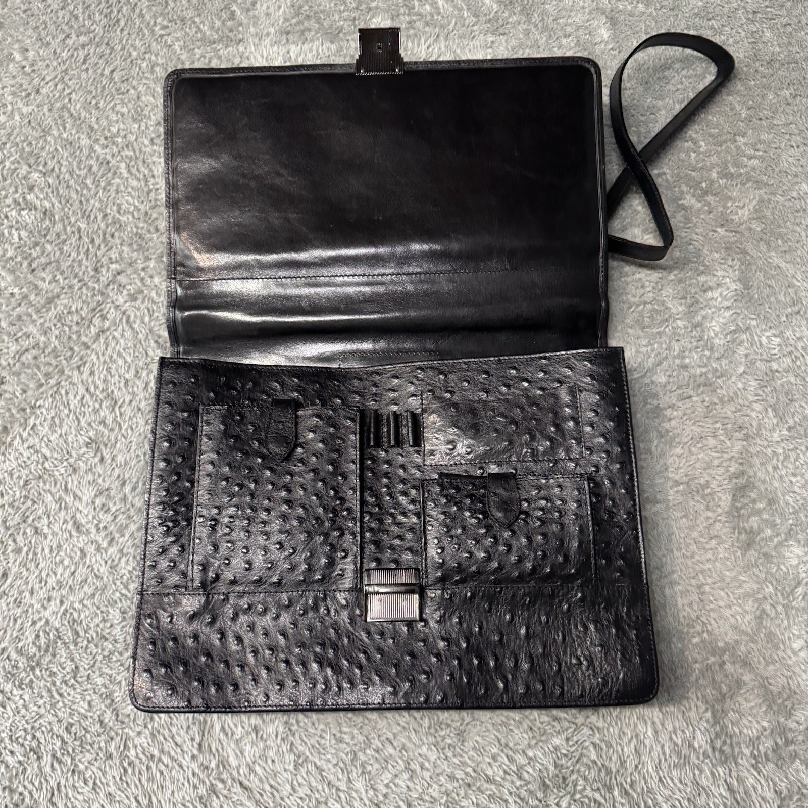 Vintage Black Ostrich Leather Briefcase w/ Shoulder Strap 15.5 in x 11 in