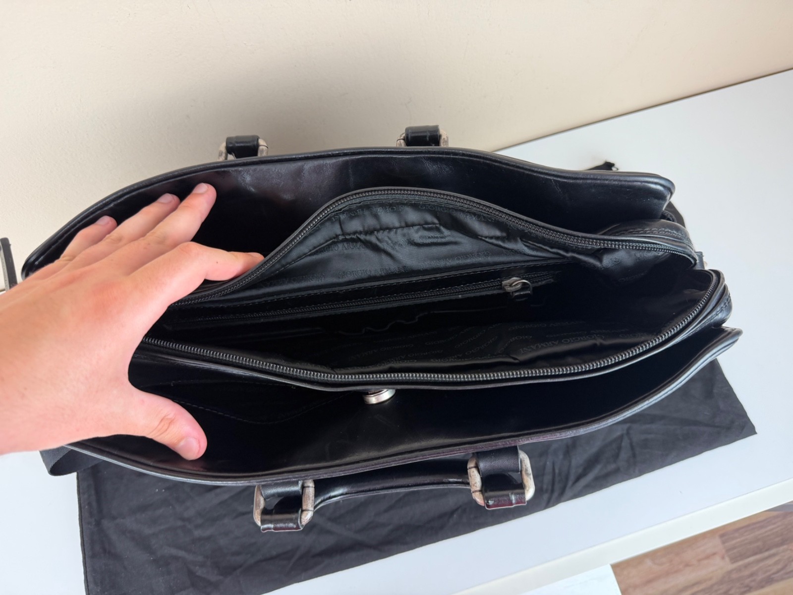 Giorgio Armani Black Leather Briefcase/Business Bag with Shoulder Strap