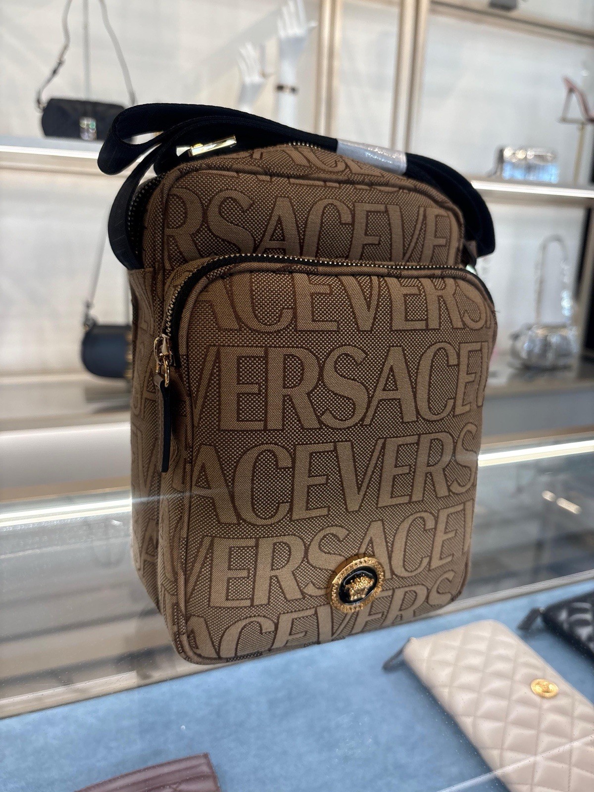 Versace Crossbody Canvas Fabric Allover Beige/brown $1200 Retail Authentic