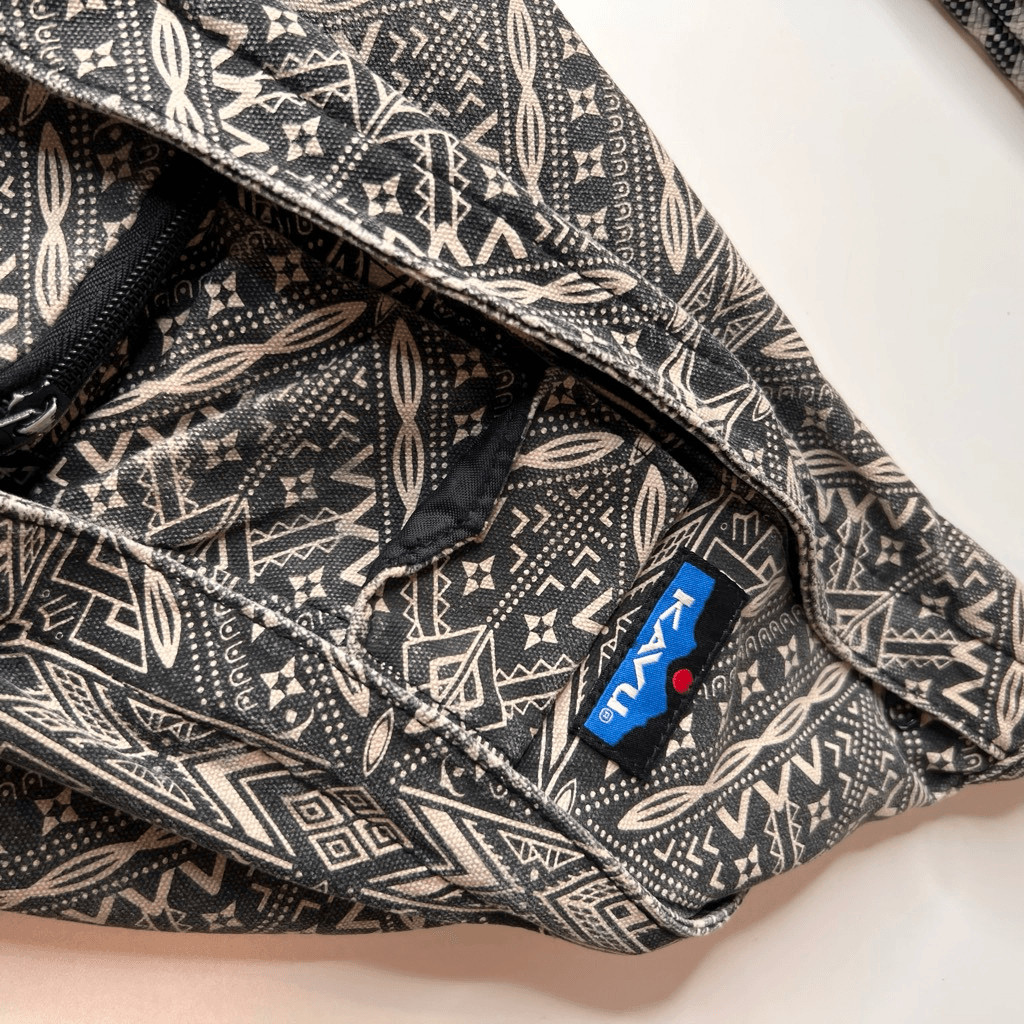 This item is a KAVU Rope Bag with a geometric black and white design