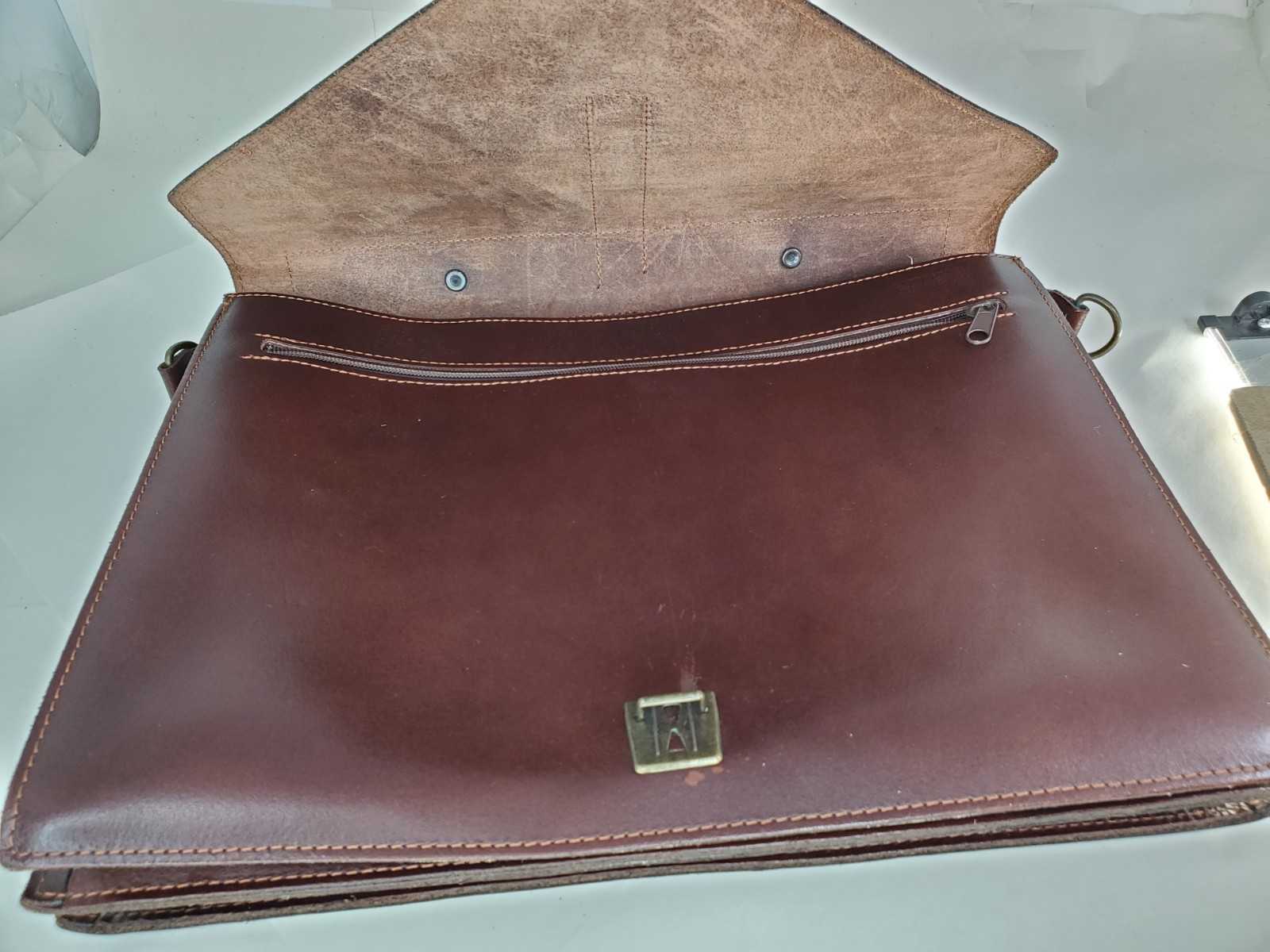 Tan Brown Leather Breifcase Genuine Vintage HandMade In Greece 15 X 11
