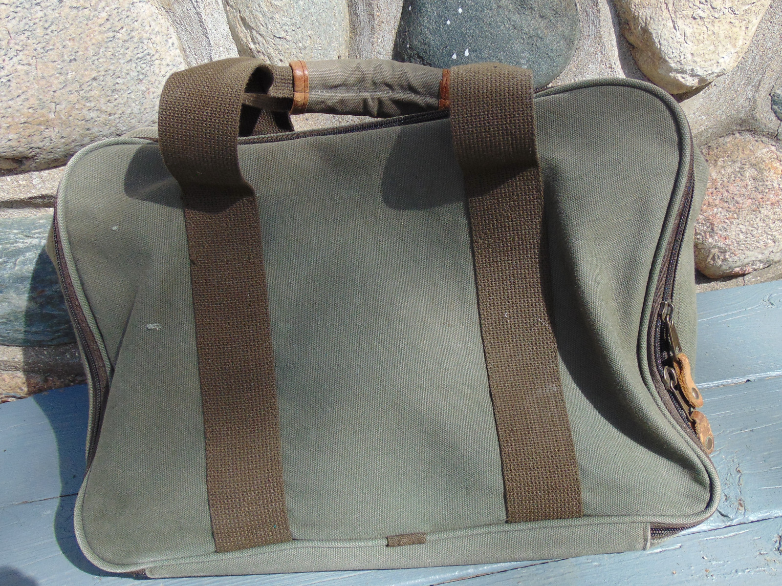 Vintage CABELA’S Olive Green Canvas & Leather Satchel Travel Bag Carry-on Pack