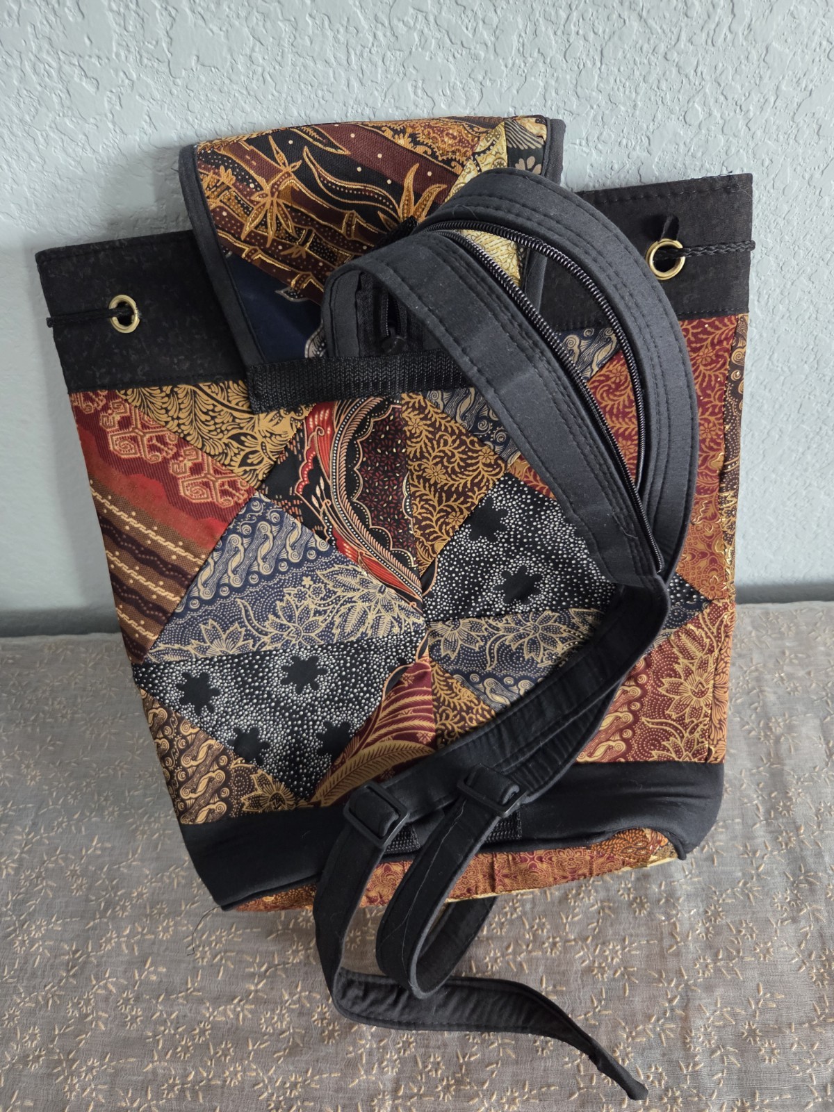 Patchwork Multicolor/Black Backpack Drawstring Buckle Zip, Adjustable Strap