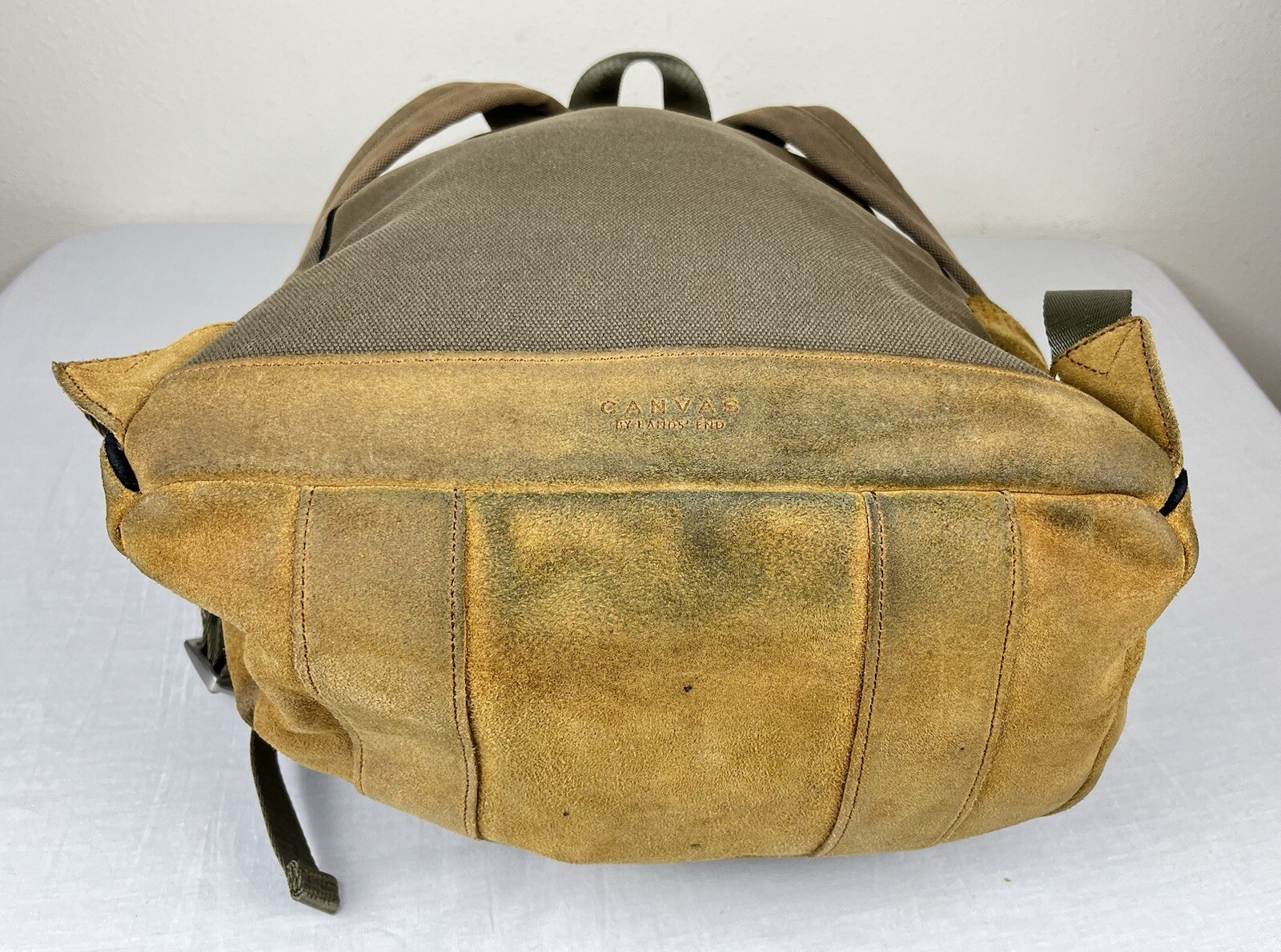 Canvas By Lands End 100% Cotton Leather Bottom 17” Backpack Brown Black RARE