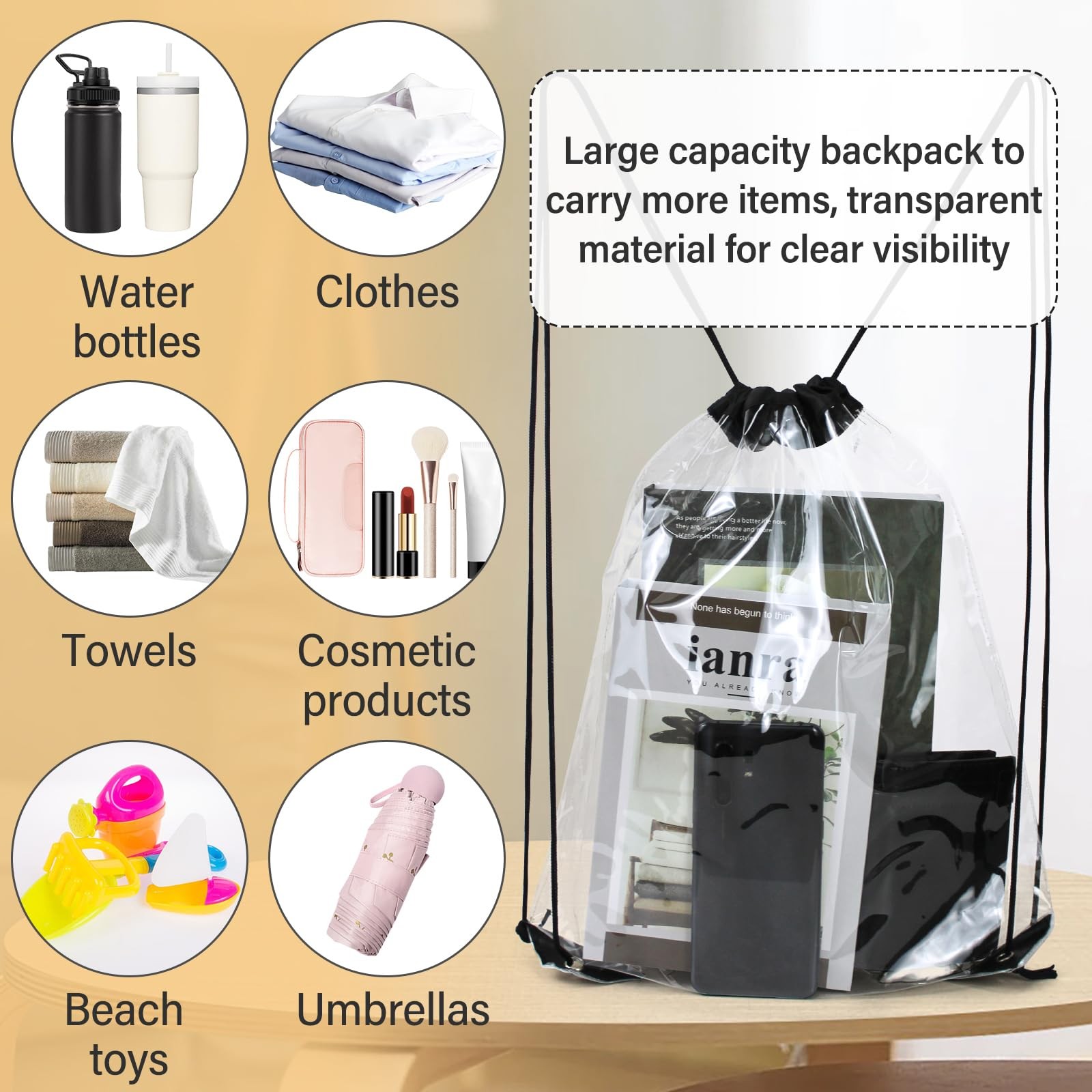 2 PCS Black 13×16 Inch Clear Drawstring Backpacks Waterproof PVC Stadium