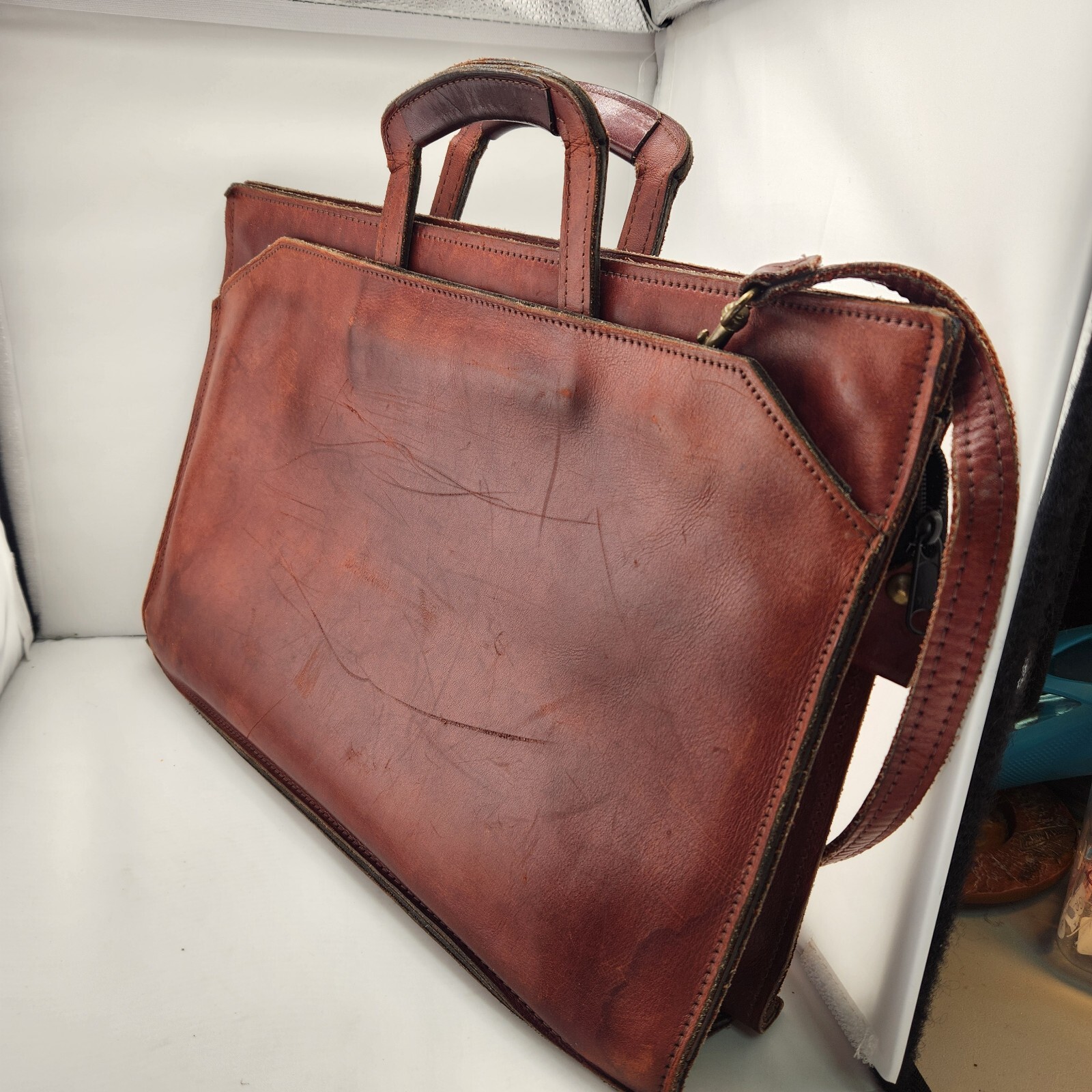 Brown Leather Briefcase Attache Vintage Dbl Handles Crossbody 16.5″ x 11″ x 3″