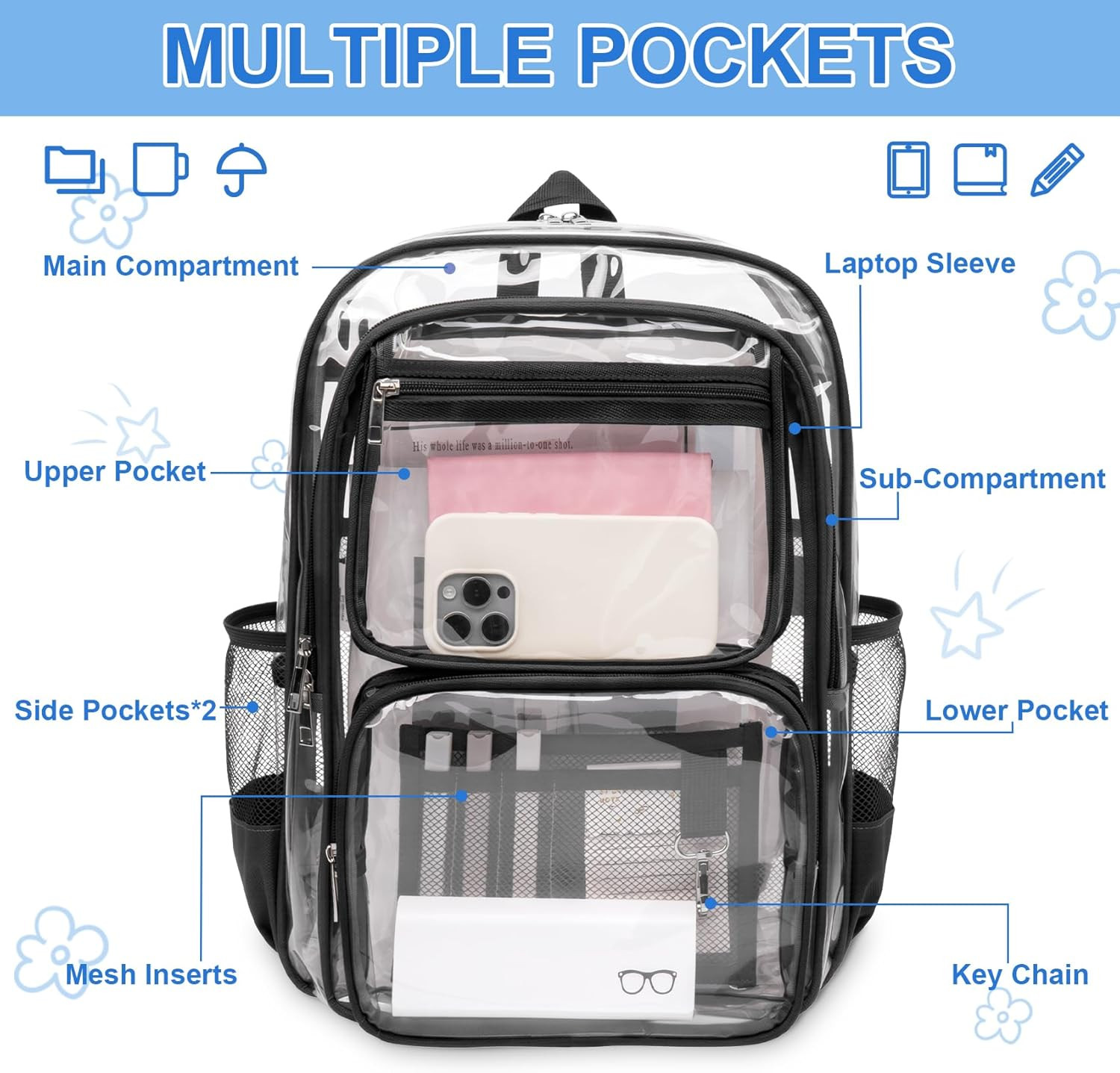 Clear Backpack for School, Large Heavy Duty Clear Bookbag with Luggage Strap & S