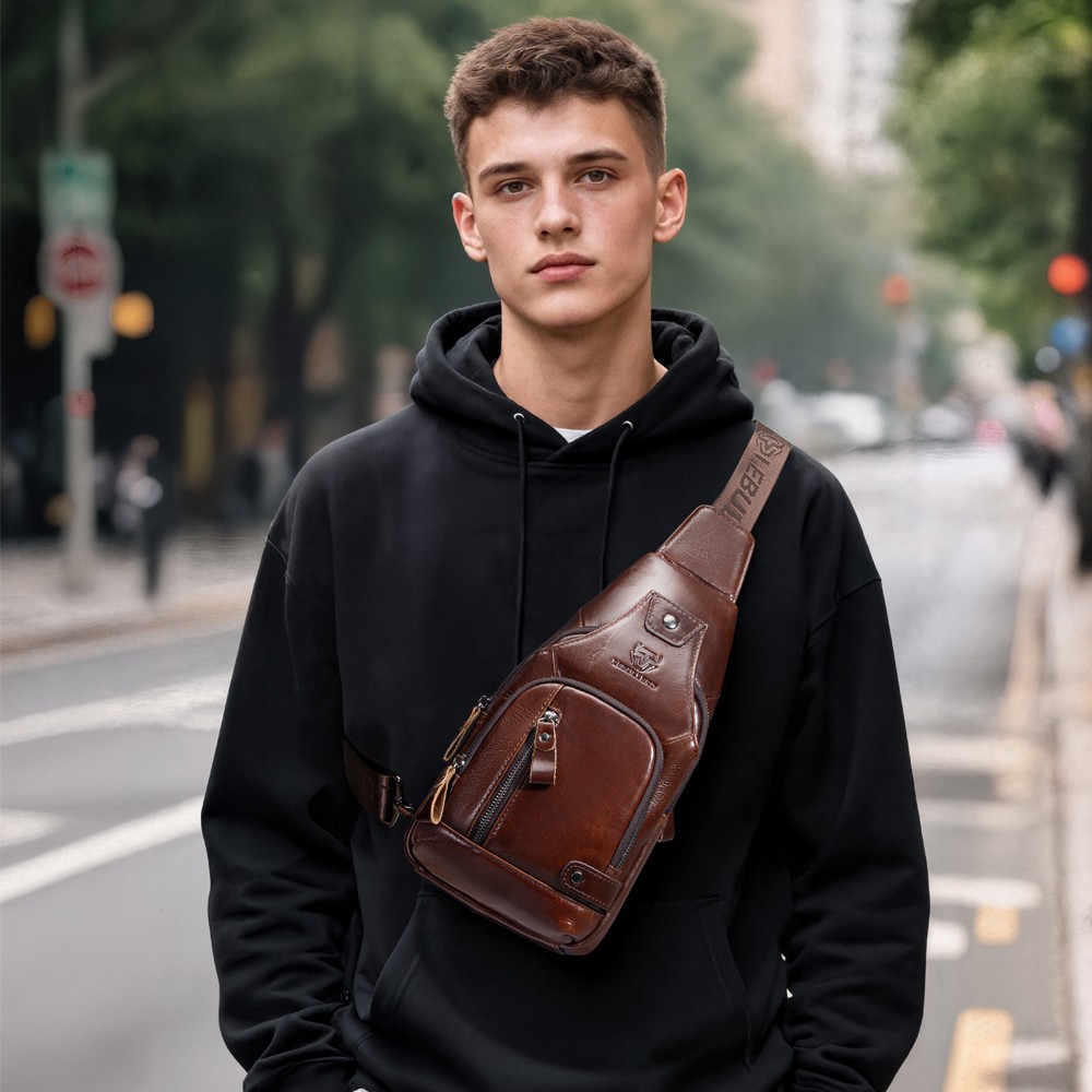 Men’s Genuine Leather Crossbody Sling Bag Multi-Pocket Chest Bag for Daily Use