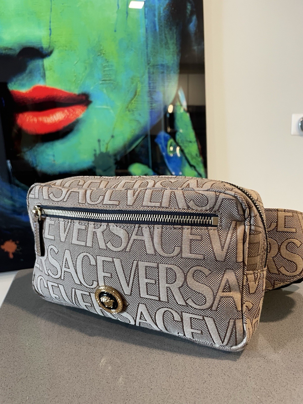 Versace Belt Bag Canvas Fabric Allover Beige/brown $1200 Retail Authentic