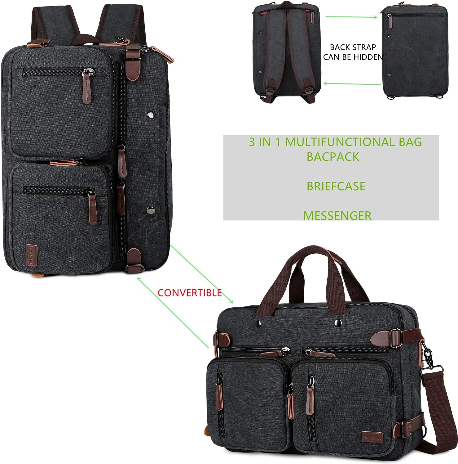 Baosha Convertible Briefcase Backpack 17 Inch Laptop Bag Black-grey Mixed