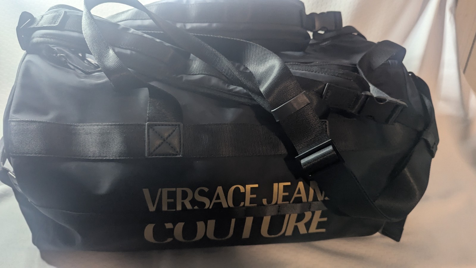 Versace Jeans Couture Black Logo Zip Large Duffle Bag Straps Pockets Men