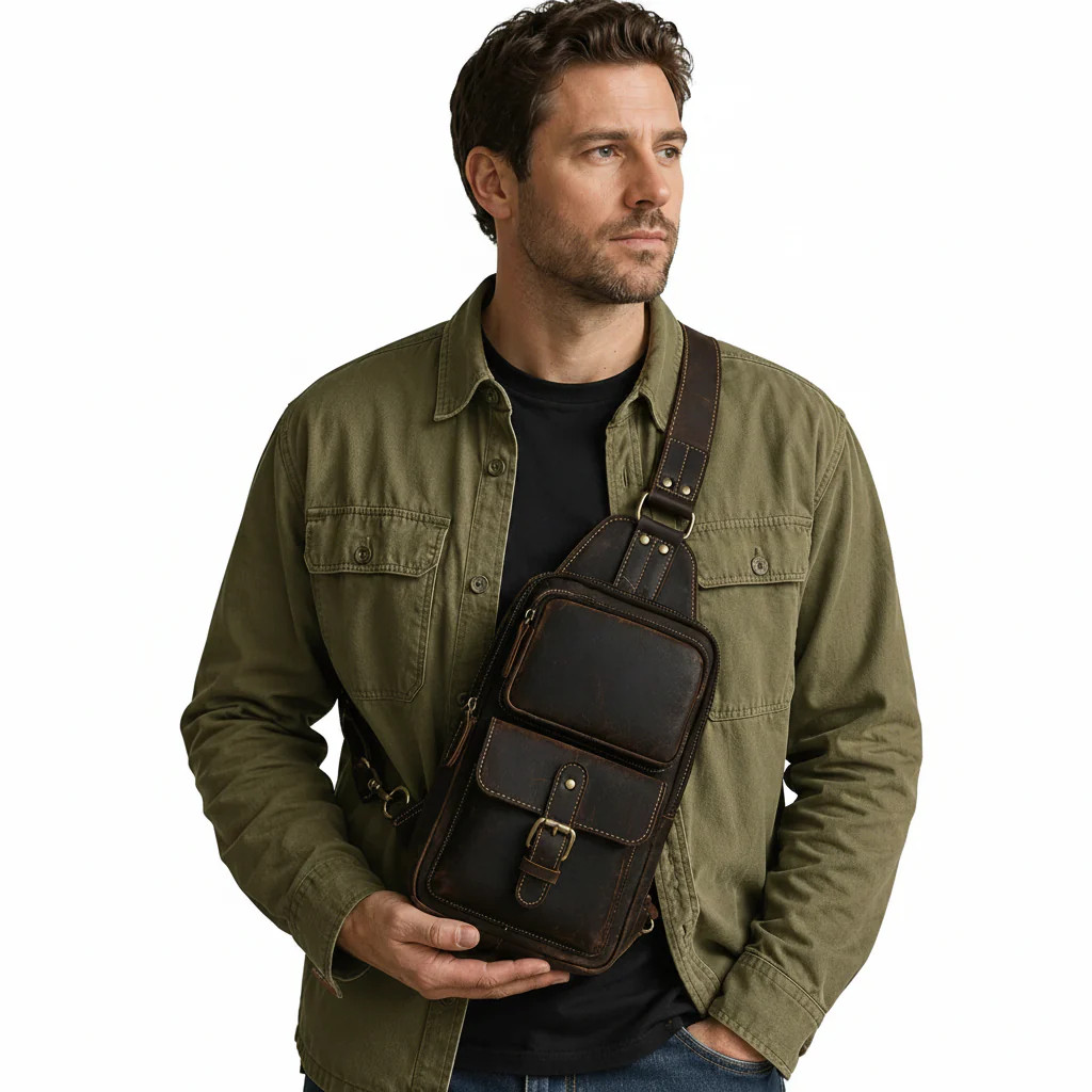 Vintage Leather Chest Sling Bag Men Crossbody Backpack Travel Shoulder Pack