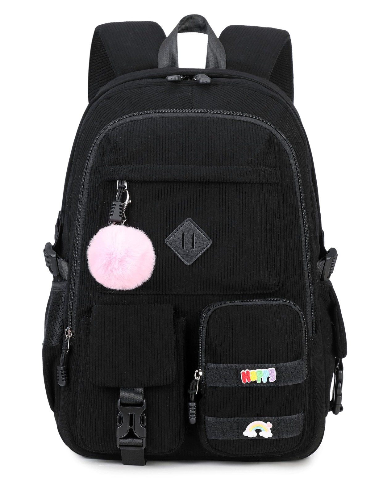 Corduroy Black Middle School 6th 7th Grade Cute Aesthetic Backpack For Girls