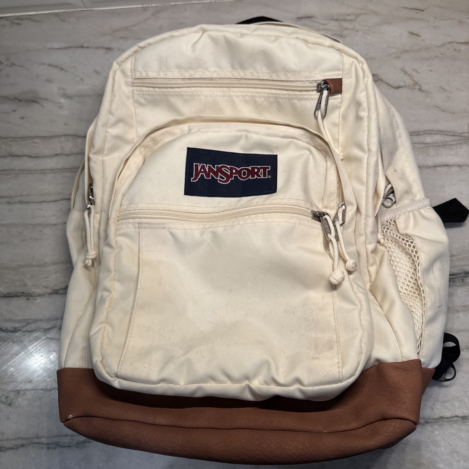 Jansport USA School Backpack Book Bag Brown Leather Bottom Ivory Back To School