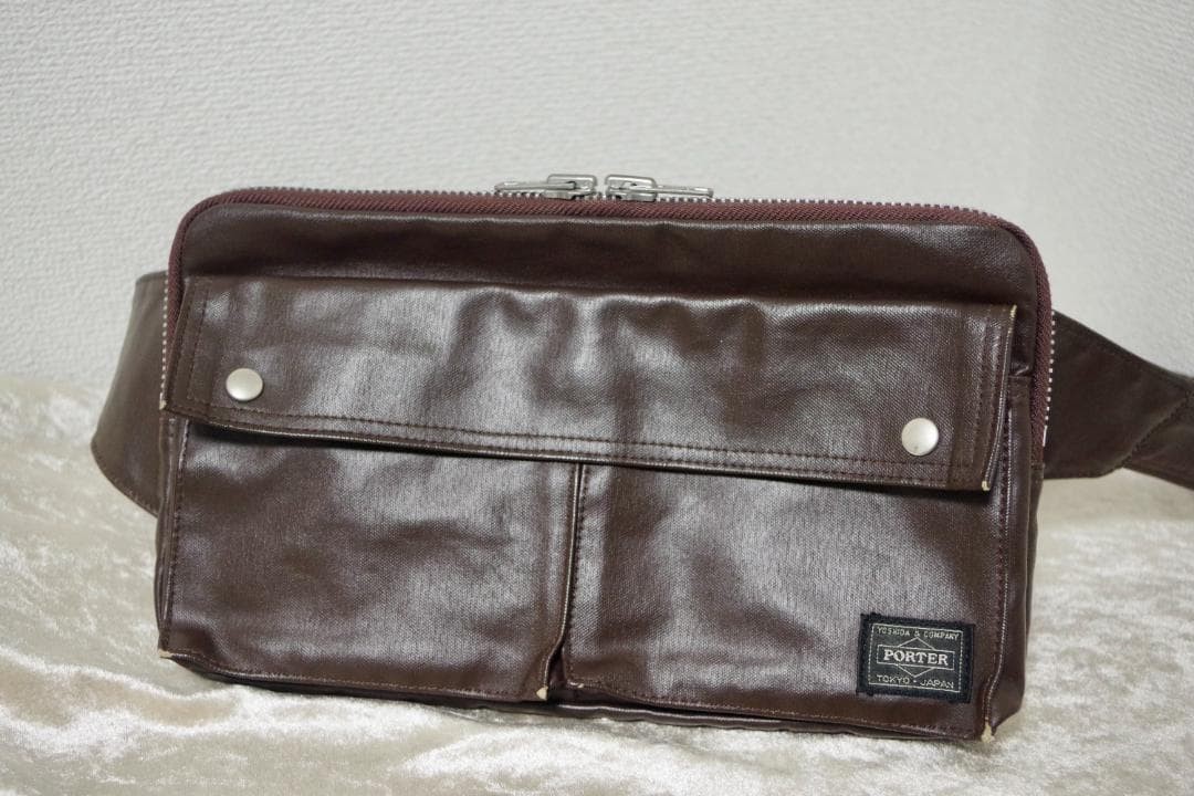 Authentic Yoshida Kaban PORTER Brown Leather Body Waist Bag 18cm x 29cm SizeYo