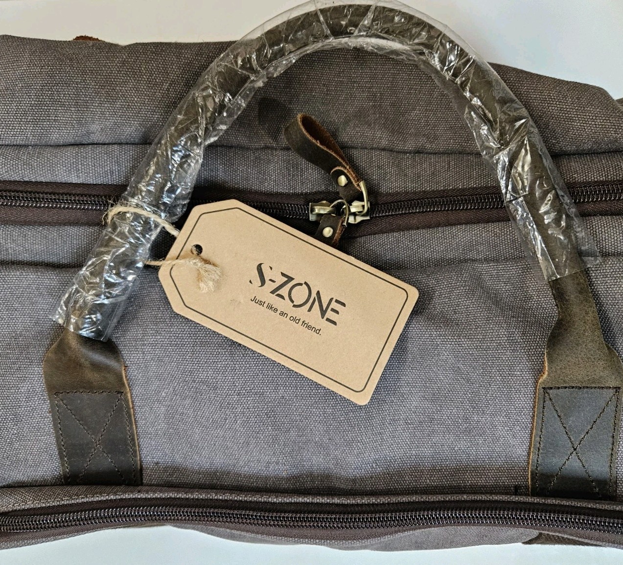 S-Zone Duffel Bag Weekender Leather Handles Heavy Canvas Strap Grey Blue Zip