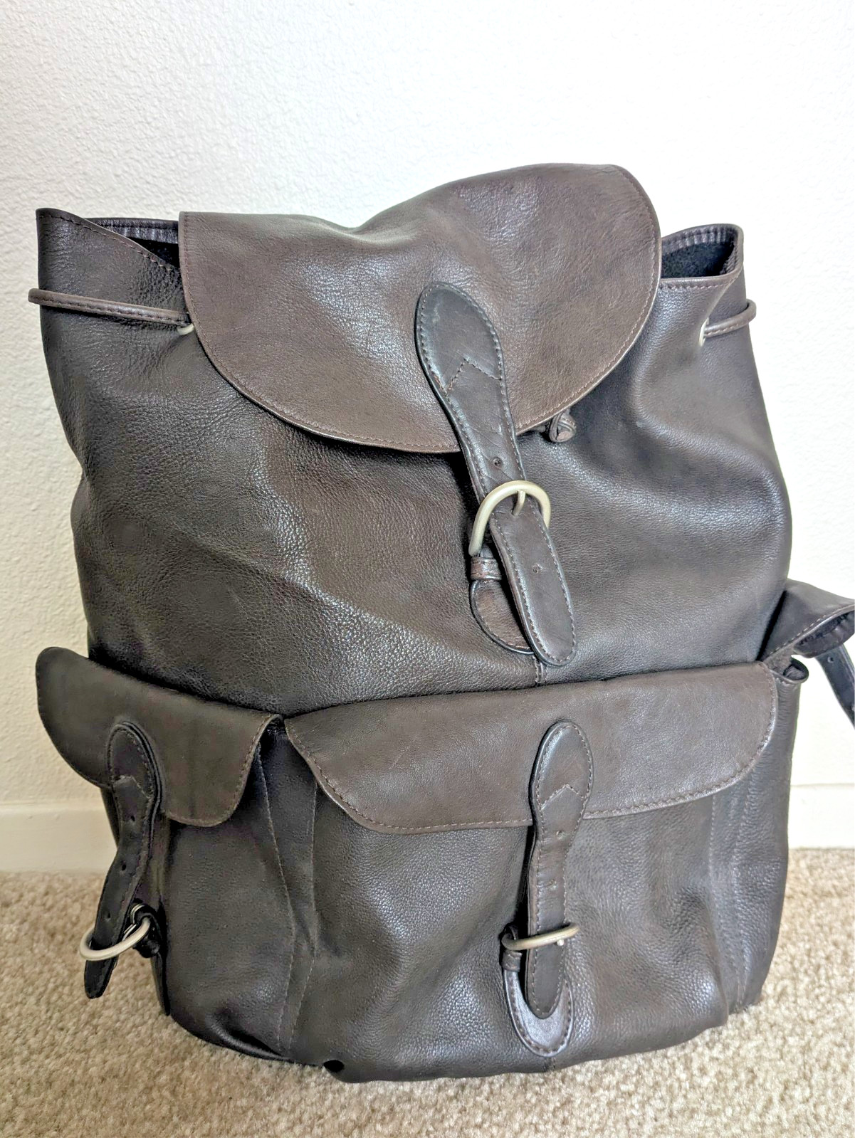 London Fog Leather Backpack Brown Drawstring Flap Buckle Pockets Travel Bag EU