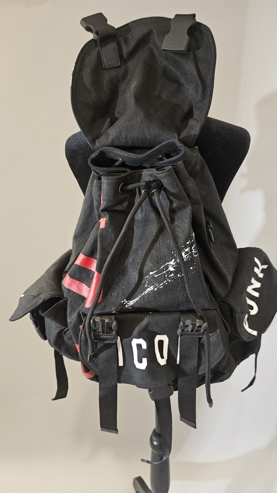 DSQUARED2 Black Graphic Print Backpack Buckle Drawstring, Adjustable Strap