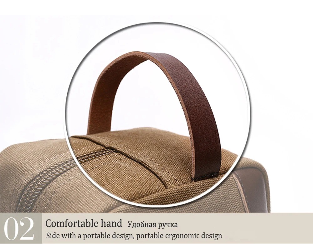 Mens Toiletry Bag Zipper Leather&Canvas Case Organizer Portable Travel Dopp Kit