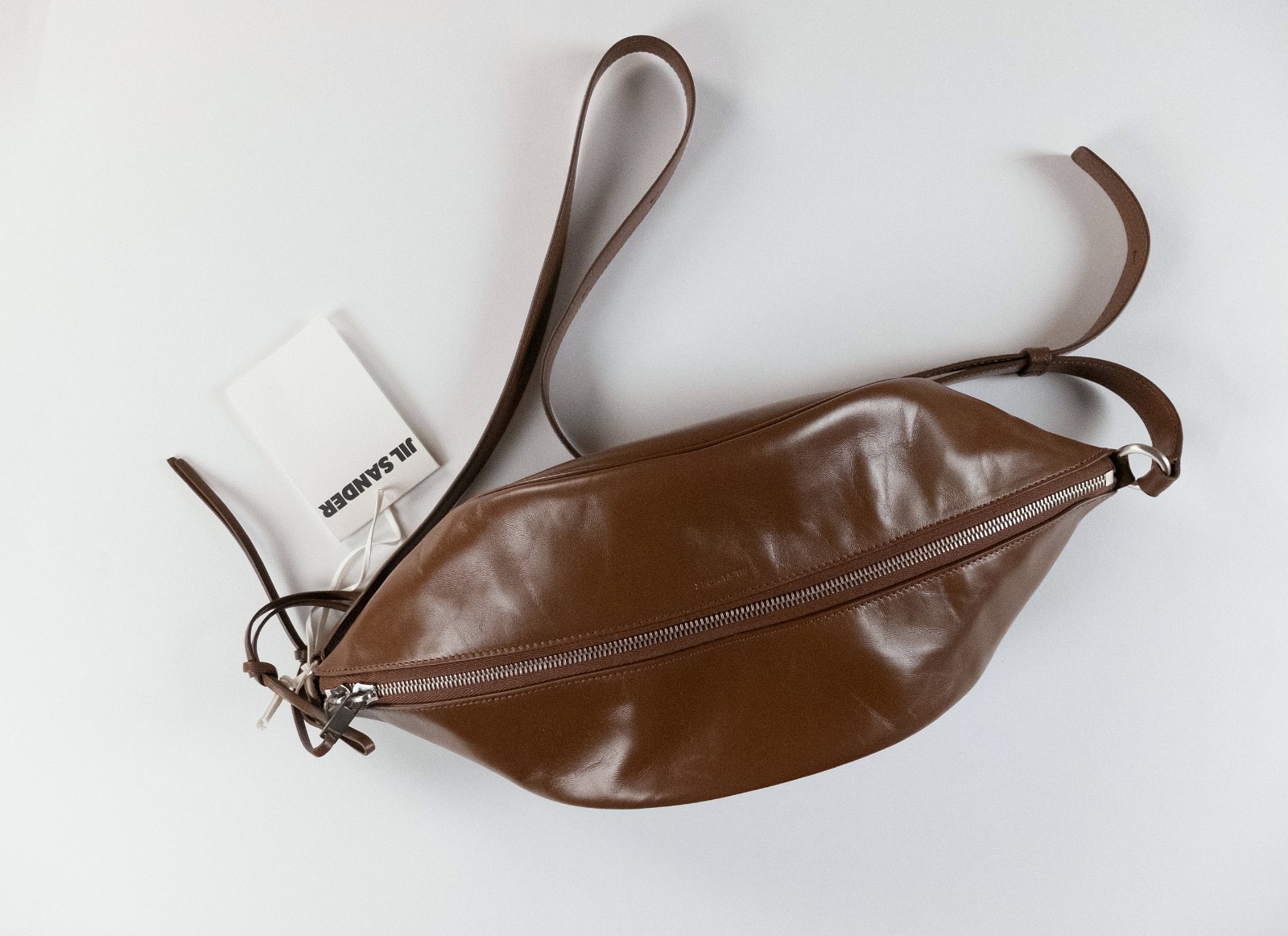 (NO CUSTOMS TAX) JIL SANDER medium brown leather Taco belt / crossbody bag NWT