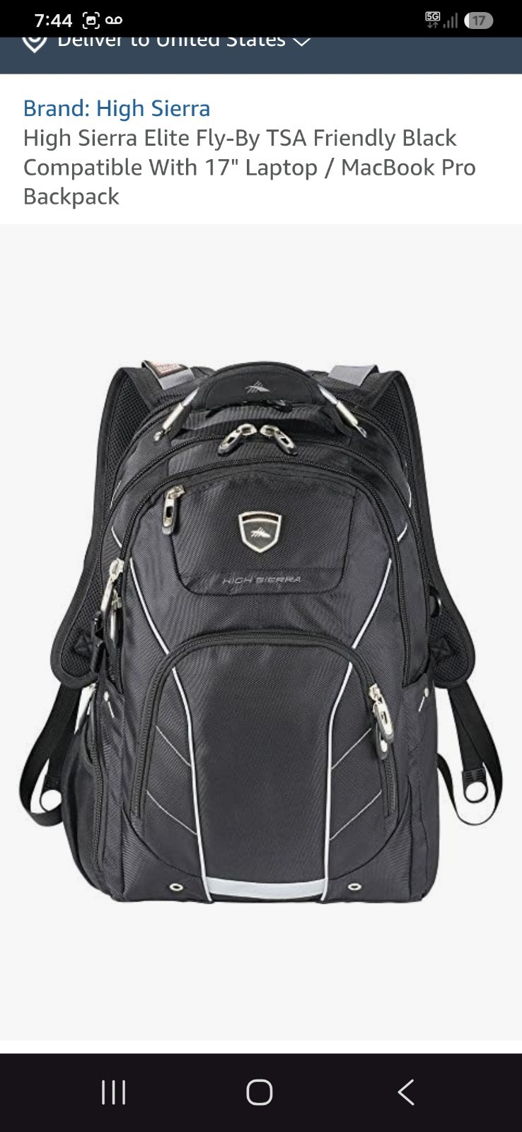 High Sierra Elite Fly-By 17″ Black Computer Backpack New