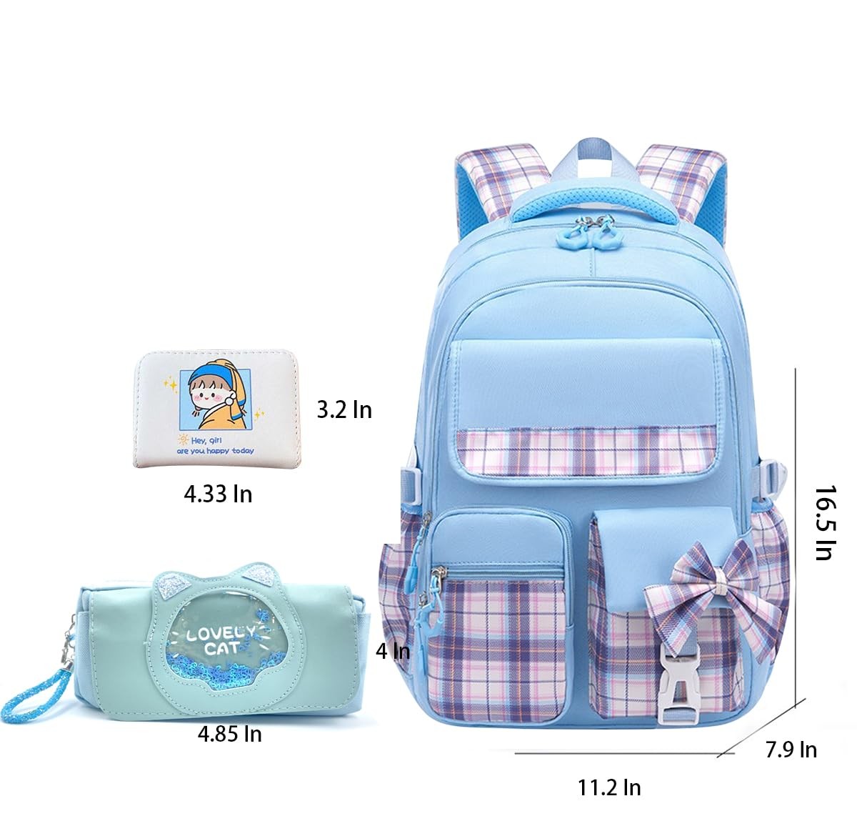 5Pcs Pink School Backpack Set for Girls – Cute Plaid Bookbag Daypacks Travel