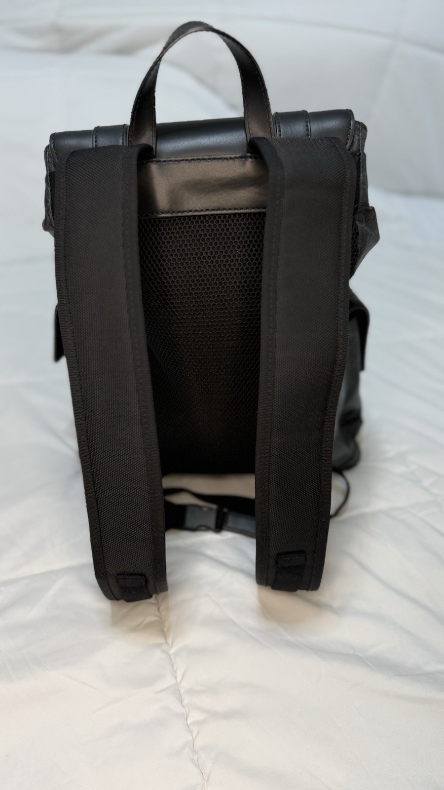 Gucci GG Monogram Drawstring Backpack Black/Gray Web Stripe, Adjustable, Pockets