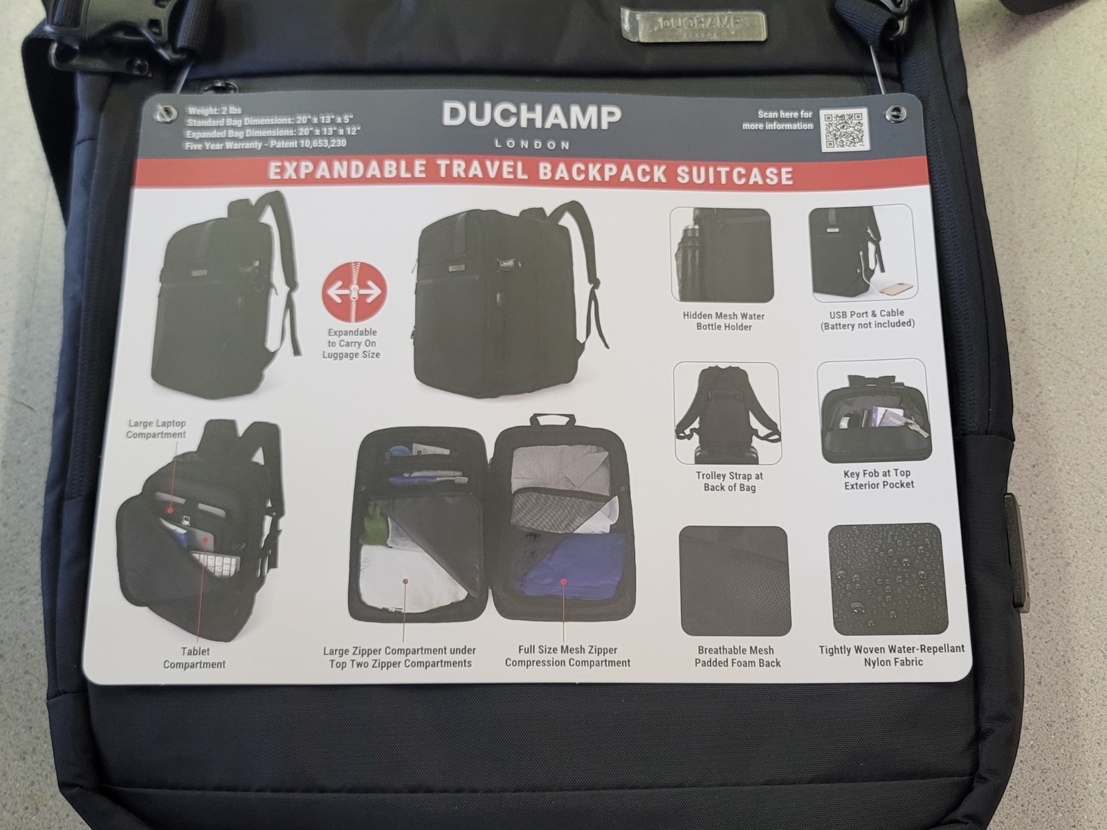 BRAND NEW DUCHAMP LONDON # 16613 EXPANDABLE TRAVEL BACKPACK/SUITCASE – BLACK
